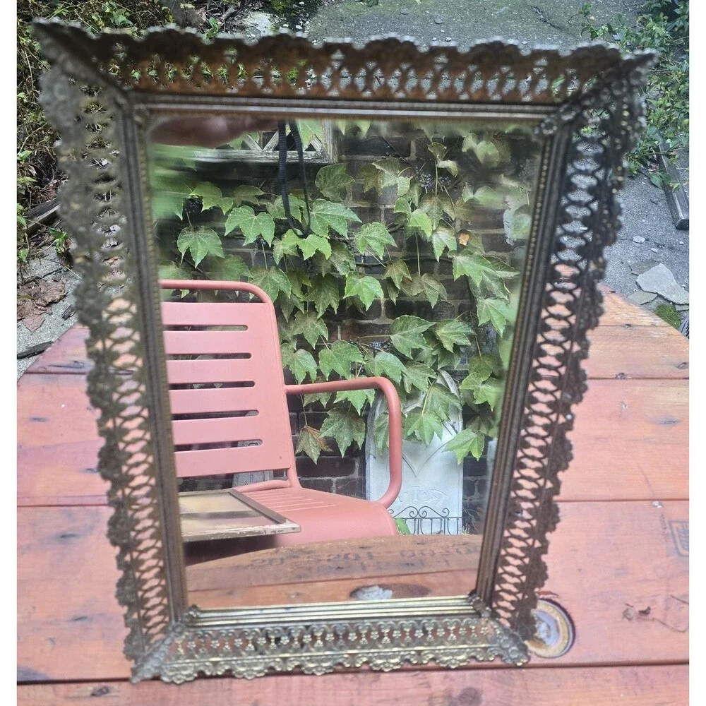 Mirrorred Vanity Tray Hollywood Regency Ornate Gold Tone Filigree 16.5